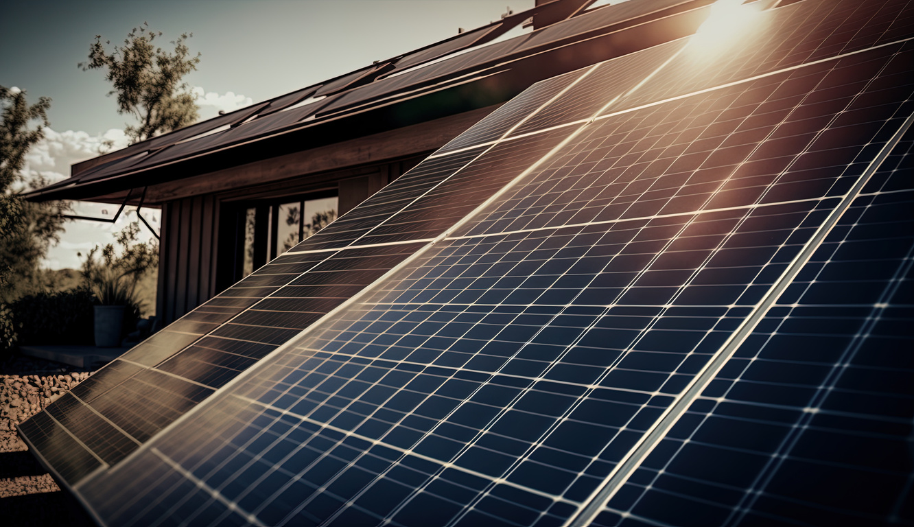 house with solar panels and sunrise solar energy system S